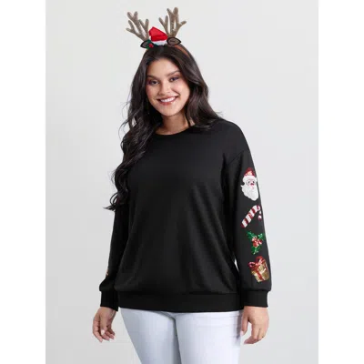 Bloomchic Women's Plus Size Holiday Sequin Embroidery Relaxed-fit Sweatshirt Black Not Graphics Casual Round N