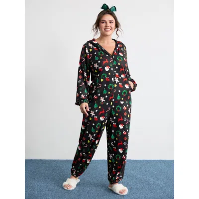 Bloomchic Women's Plus Size Holiday Spirit Pockets Hooded Lounge Jumpsuit Multicolor Not Graphics 12/l