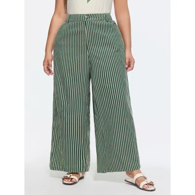 Bloomchic Women's Plus Size Holiday Striped Print Straight-leg Pants Emerald Stripes Straight Fit Mid Rise Cas In Green