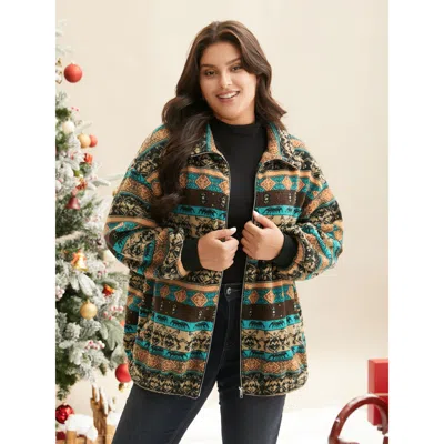 Bloomchic Women's Plus Size Holiday Stripes Zipper Collared Coat Multicolor Colorblock H-line 14-16/1x