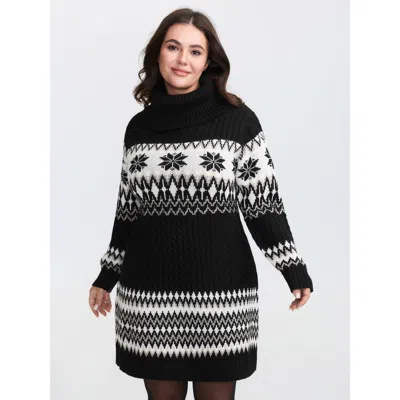 Bloomchic Women's Plus Size Holiday Textured Turtleneck Sweater Dress Black Christmas Mini Cable Knit 18-20/2x