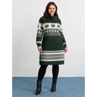 Bloomchic Women's Plus Size Holiday Textured Turtleneck Sweater Dress Darkgreen Christmas Mini Cable Knit 12/l In Green