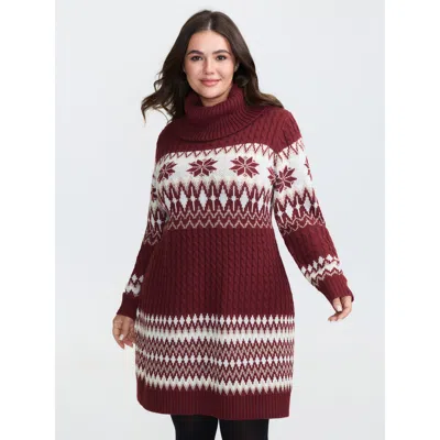 Bloomchic Women's Plus Size Holiday Textured Turtleneck Sweater Dress Scarlet Christmas Mini Cable Knit 22-24/ In Red
