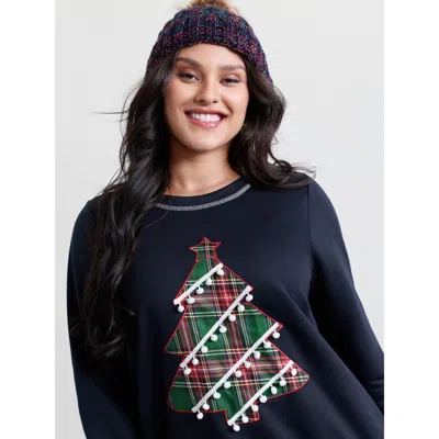 Bloomchic Women's Plus Size Holiday Tree Applique Embroidery Sweatshirt Indigo Casual 10/m In Purple
