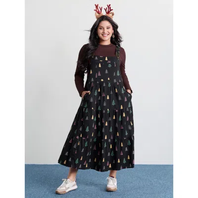 Bloomchic Women's Plus Size Holiday Tree Rayon Pockets Midi Dress Blackflower Non Maxi Casual 10/m