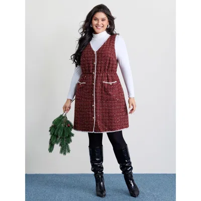 Bloomchic Women's Plus Size Holiday Tweed Contrast Edge Mini Dress Deepred Plaid Midi Elegant Colorblock 12/l In Red