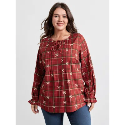 Bloomchic Women's Plus Size Holidays Unwrapped Neck-tie Blouse Scarlet Plaid Casual Long Sleeve 12/l In Red