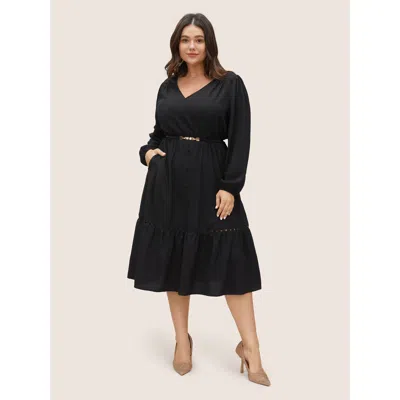 Bloomchic Women's Plus Size Hollow Out Lantern Sleeve Flutter Layered Hem Dress Black Non Midi Office Non 30/6