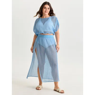 Bloomchic Women's Plus Size Hollowed Out Split Hem Maxi Skirt Skyblue Cut-out Wide Leg Vacation 10/m In Blue