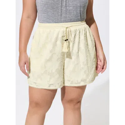 Bloomchic Women's Plus Size Hollowed-out Textured Drawstring Shorts Ivory Vacation Bermuda Lace-up Shorts 10/m In White