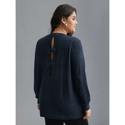 Bloomchic Women's Plus Size Hollowed-out-back Bows V-neck Pullover Midnight Long Sleeve 26/4x In Blue