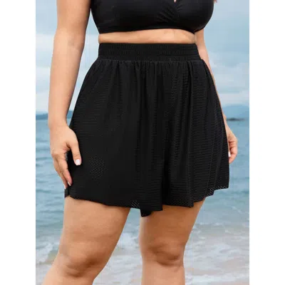 Bloomchic Women's Plus Size Hollow-out Textured Pleated Swim Bottoms Black Solid Cropped Cable Knit Elastic Wa