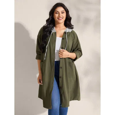 Bloomchic Women's Plus Size Hooded Button-front Pockets Jacket Armygreen Colorblock H-line 12/l