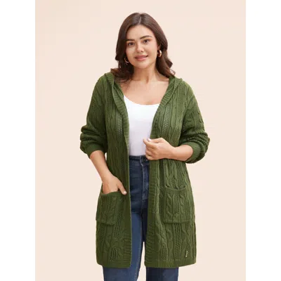Bloomchic Women's Plus Size Hooded Cable Knit Open Front Cardigan Armygreen Long Sleeve 14-16/1x