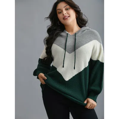 Bloomchic Women's Plus Size Hooded Color Contrast Drop Shoulder Pullover Darkgreen Long Sleeve 14-16/1x In Green