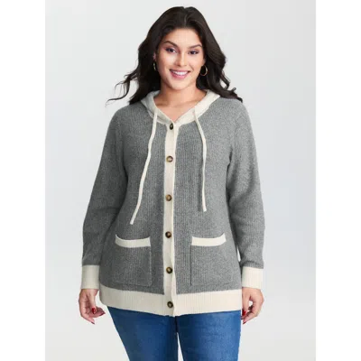 Bloomchic Women's Plus Size Hooded Colorblock Pockets Button Knit Cardigan Darkgray Long Sleeve Hooded Neck 22 In Gray