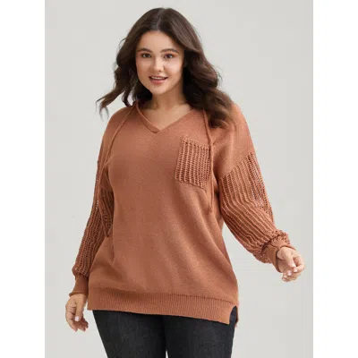 Bloomchic Women's Plus Size Hooded Drawstring Cut Out Pocket Pullover Yellowishbrown Three Quarter Length Slee