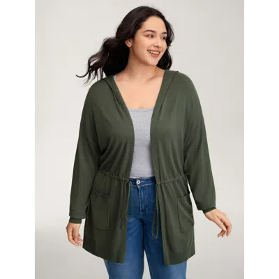 Bloomchic Women's Plus Size Hooded Drawstring Waist Pockets Knit Cardigan Armygreen Long Sleeve 10/m