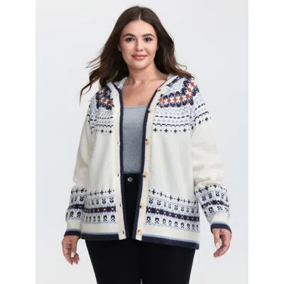 Bloomchic Women's Plus Size Hooded Jacquard Pattern Button Knit Cardigan Ivory Long Sleeve 22-24/3x In White