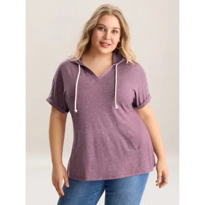 Bloomchic Women's Plus Size Hooded Pockets Ties Plain T-shirt Mauve Solid Casual Short Sleeve Hooded Neck 10/m In Purple