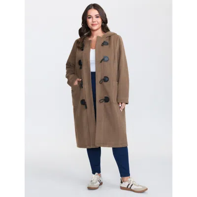 Bloomchic Women's Plus Size Hooded Relaxed-fit Horn Button Long Coat Browncoffeecolor Button H-line 12/l