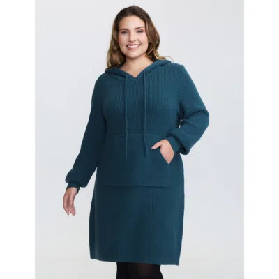 Bloomchic Women's Plus Size Hooded Textured Curvy Hem Sweater Dress Aegean Non Tunic 10/m In Blue