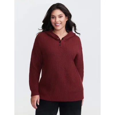 Bloomchic Women's Plus Size Hooded Textured Half Placket Button Pullover Burgundy Long Sleeve 30/6x