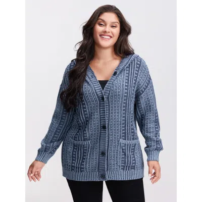 Bloomchic Women's Plus Size Hooded Textured Pockets Drop Shoulder Knit Cardigan Mediumblue Long Sleeve 18-20/2