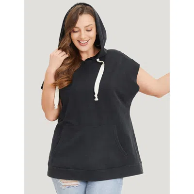 Bloomchic Women's Plus Size Hooded Ties Pocket Batwing Sleeve T-shirt Black Dailywear Short Sleeve 10/m