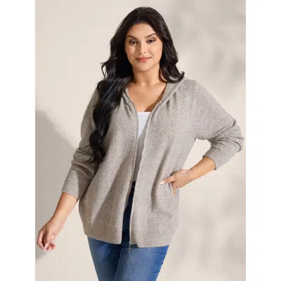 Bloomchic Women's Plus Size Hooded Zipper-front Knit Cardigan Champagne Long Sleeve Hooded Neck 12/l In Gold