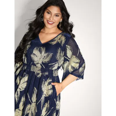 Bloomchic Women's Plus Size Hot Stamped Fall Leaf Shirred Mini Dress Darkblue Party Knee 30/6x In Blue