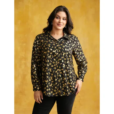Bloomchic Women's Plus Size Hot Stamped Golden Gleam Shirt Black Party Long Sleeve 10/m