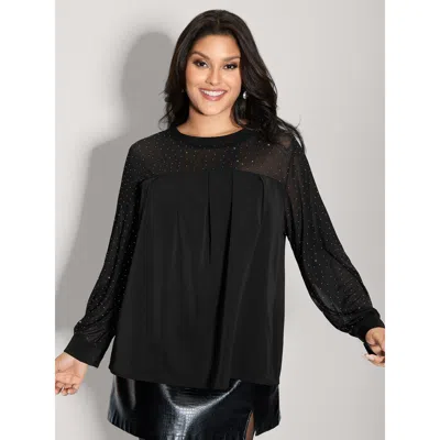 Bloomchic Women's Plus Size Hotfix Rhinestones Sheer Blouse Black Solid Party Long Sleeve Round Neck 22-24/3x