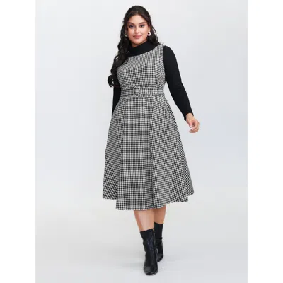 Bloomchic Women's Plus Size Houndstooth Boat Neckline Belted Waist Midi Dress Black Plaid Midi Elegant Wide Wa