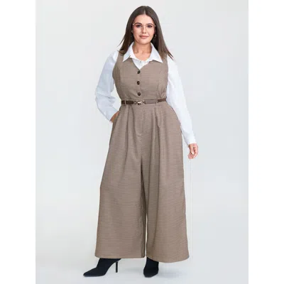 Bloomchic Women's Plus Size Houndstooth Button Sleeveless Jumpsuit Browncoffeecolor Office Fitted 12/l