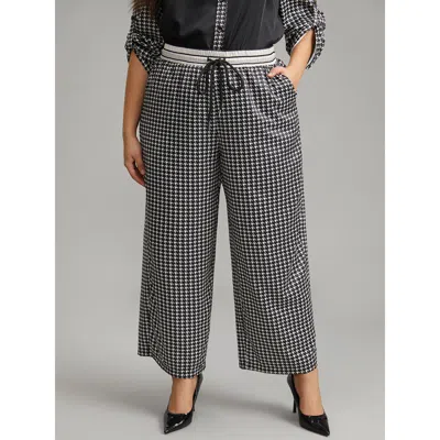Bloomchic Women's Plus Size Houndstooth Drawstring Straight Leg Pants Black High Rise Office 10/m