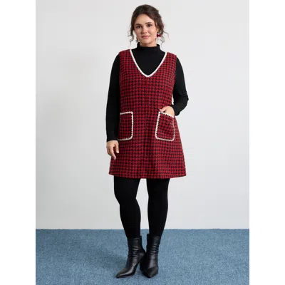 Bloomchic Women's Plus Size Houndstooth Embroidery Patch Pockets Dress Brightred Plaid Mini Casual Patchwork 1