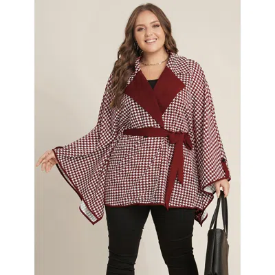 Bloomchic Women's Plus Size Houndstooth Flared Sleeve Suit Collar Belted Kimono Scarlet Belted 10/m In Red