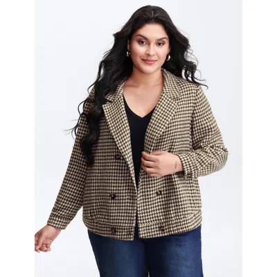 Bloomchic Women's Plus Size Houndstooth Fleece Pockets Button Coat Darkbrown Button O-line 10/m In Brown