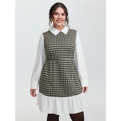 Bloomchic Women's Plus Size Houndstooth Layered Ruffled Knee Dress Lightbrown Houndstooth Short Elegant Patchw In Brown
