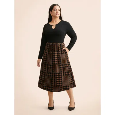 Bloomchic Women's Plus Size Houndstooth Patchwork Cut Out Midi Dress Browncoffeecolor Houndstooth Midi Office 