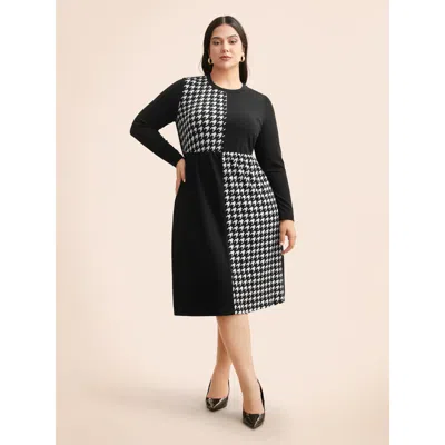 Bloomchic Women's Plus Size Houndstooth Patchwork Elastic Waist Dress Black Houndstooth Knee Office Patchwork 