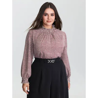 Bloomchic Women's Plus Size Houndstooth Pattern Ruffled Collar Blouse Burgundy Plaid Office Long Sleeve Mock N