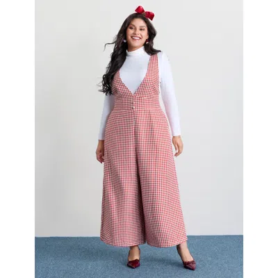 Bloomchic Women's Plus Size Houndstooth Pattern Stretchy Waist Pockets Jumpsuit Crimson Elegant 18-20/2x In Red