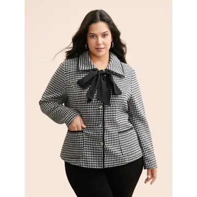 Bloomchic Women's Plus Size Houndstooth Tie Knot Woven Ribbon Jacket Black Woven Ribbon&lace Trim H-line 12/l