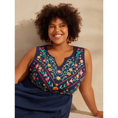 Bloomchic Women's Plus Size Imitation Embroidery Woven Sleeveless Midi Dress Navy Floral Midi Vacation 30/6x In Blue