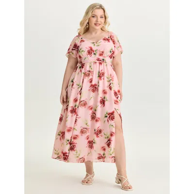 Bloomchic Women's Plus Size In Bloom Pleated Waist Flowy Maxi Dress Nudepink Floral Maxi Elegant Gathered 22-2