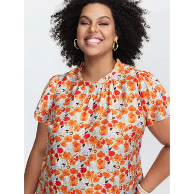 Bloomchic Women's Plus Size In Full Bloom Mock Neck Shirt Brightorange Floral Vacation Short Sleeve Ruffle Tri