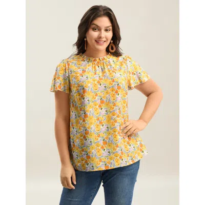 Bloomchic Women's Plus Size In Full Bloom Mock Neck Shirt Lemonyellow Floral Vacation Short Sleeve Ruffle Trim