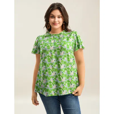 Bloomchic Women's Plus Size In Full Bloom Mock Neck Shirt Lightgreen Floral Vacation Short Sleeve Ruffle Trim 